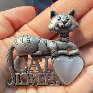 Cat Brooch Silver Tone Cat Lover Heart Stone Boho Animal Pin